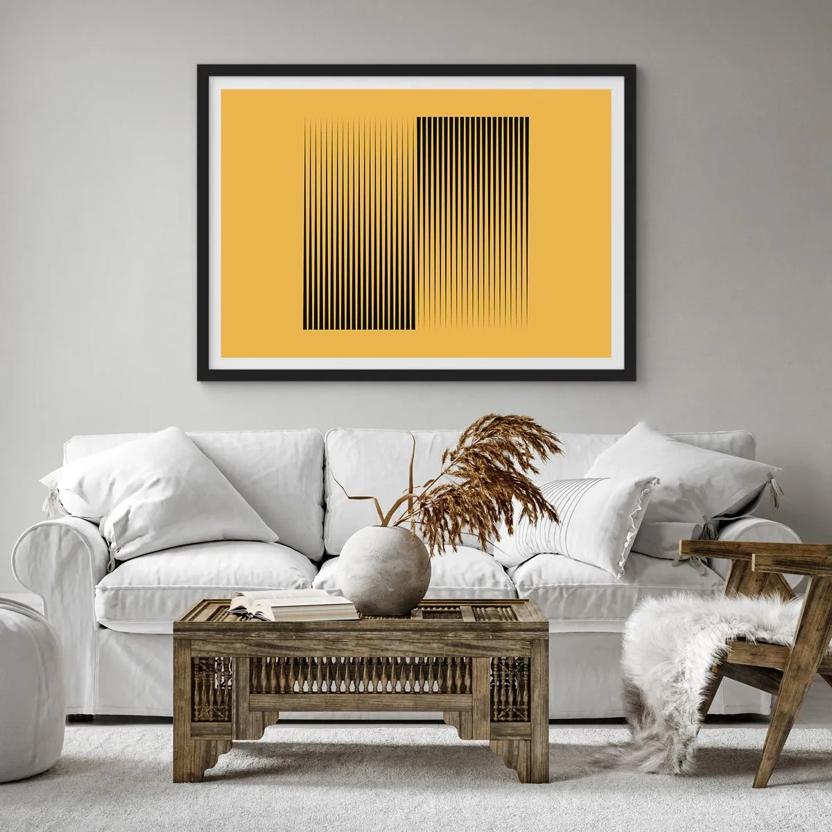 Plakat w czarnej ramie - Pionowe czarne linie na żółtym tle - 70x50cm - Kwadratura przeciwieństw - Nowoczesna dekoracja ścienna do salonu i sypialni ARTTOR