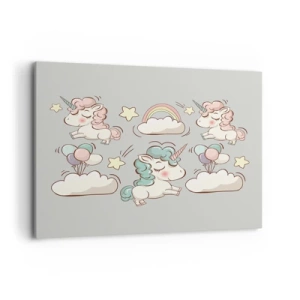 Obraz na płótnie - Urocze jednorożce na pastelowym tle - 120x80cm - Na pewno istnieją… - Nowoczesna dekoracja ścienna do salonu, kuchni i sypialni ARTTOR