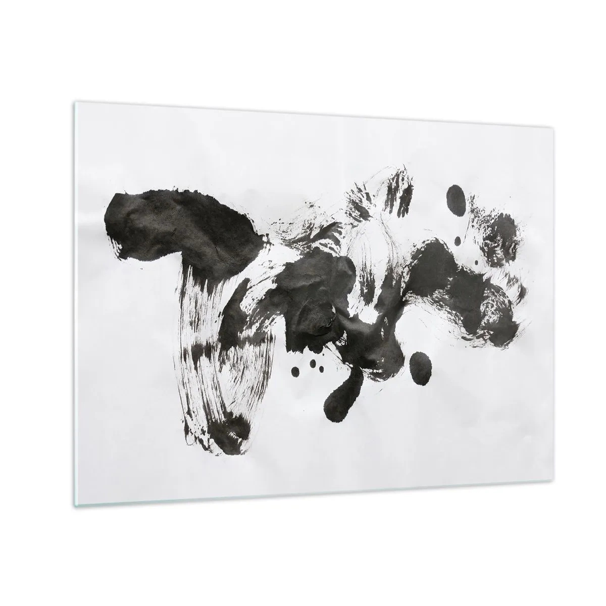 Obraz na szkle - Abstrakcyjna czarna plama i pociągnięcia pędzla na białym tle - 70x50cm - W szaleństwie metoda? - Nowoczesna dekoracja ścienna do salonu i sypialni ARTTOR