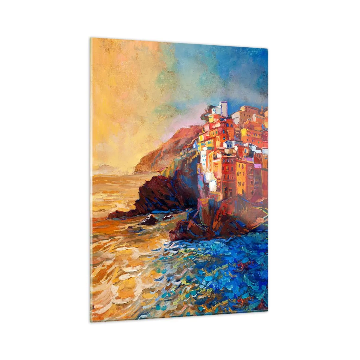 Obraz na szkle - Kolorowe miasteczko na klifie z widokiem na morze - 50x70cm - Włoskie klimaty - Nowoczesna dekoracja ścienna do salonu, kuchni i sypialni ARTTOR