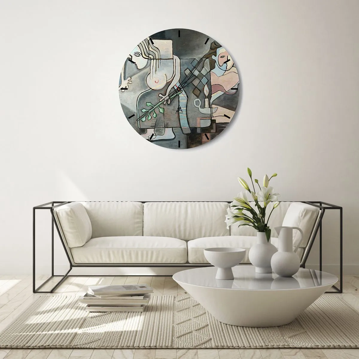 Zegar ścienny - Abstrakcyjna kompozycja dwóch postaci z elementami mozaiki - 30x30cm - Mozaika ducha i materii - Nowoczesna dekoracja ścienna do salonu, kuchni i sypialni ARTTOR