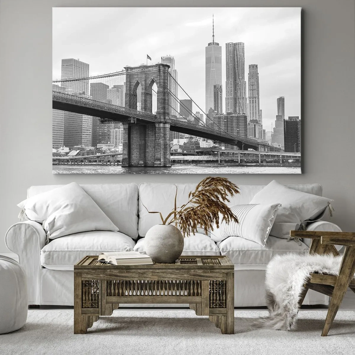 Obraz na płótnie - Most Brookliński na tle nowojorskich wieżowców - 120x80cm - Nowojorskie klimaty - Nowoczesna dekoracja ścienna do salonu, kuchni i sypialni ARTTOR