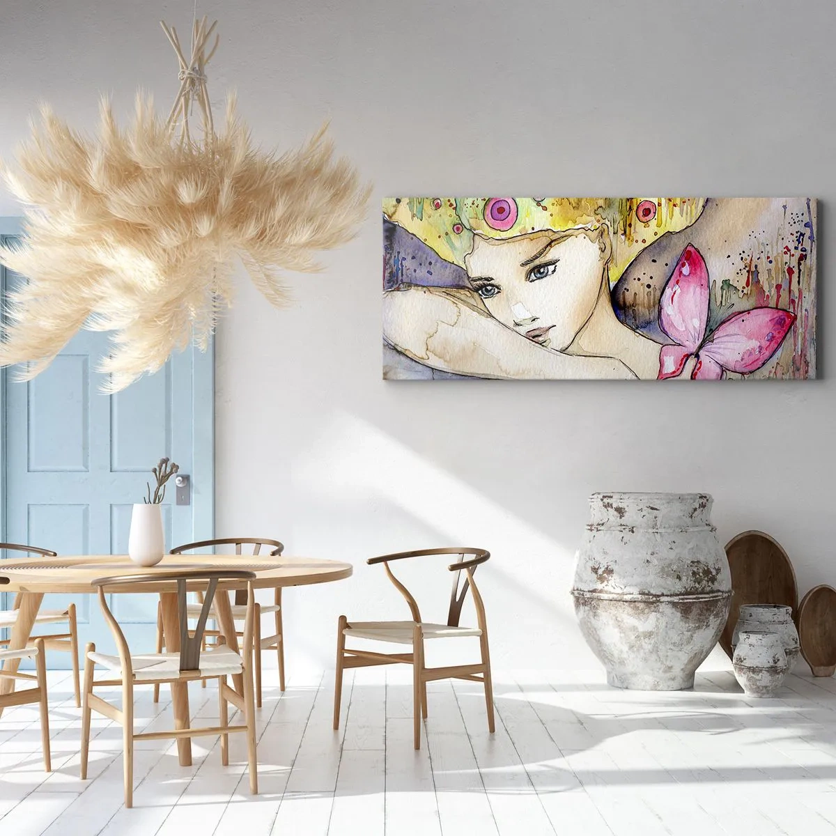 Obraz na płótnie - Kobieta z abstrakcyjną fryzurą i różowym motylem - 140x50cm - Motyla księżniczka - Nowoczesna dekoracja ścienna do salonu i sypialni ARTTOR