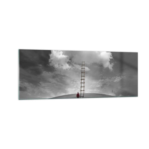 Obraz na szkle - Osoba w czerwonym płaszczu i drabina prowadząca do chmury - 140x50cm - Wszystko możliwe - Nowoczesna dekoracja ścienna do salonu i sypialni ARTTOR