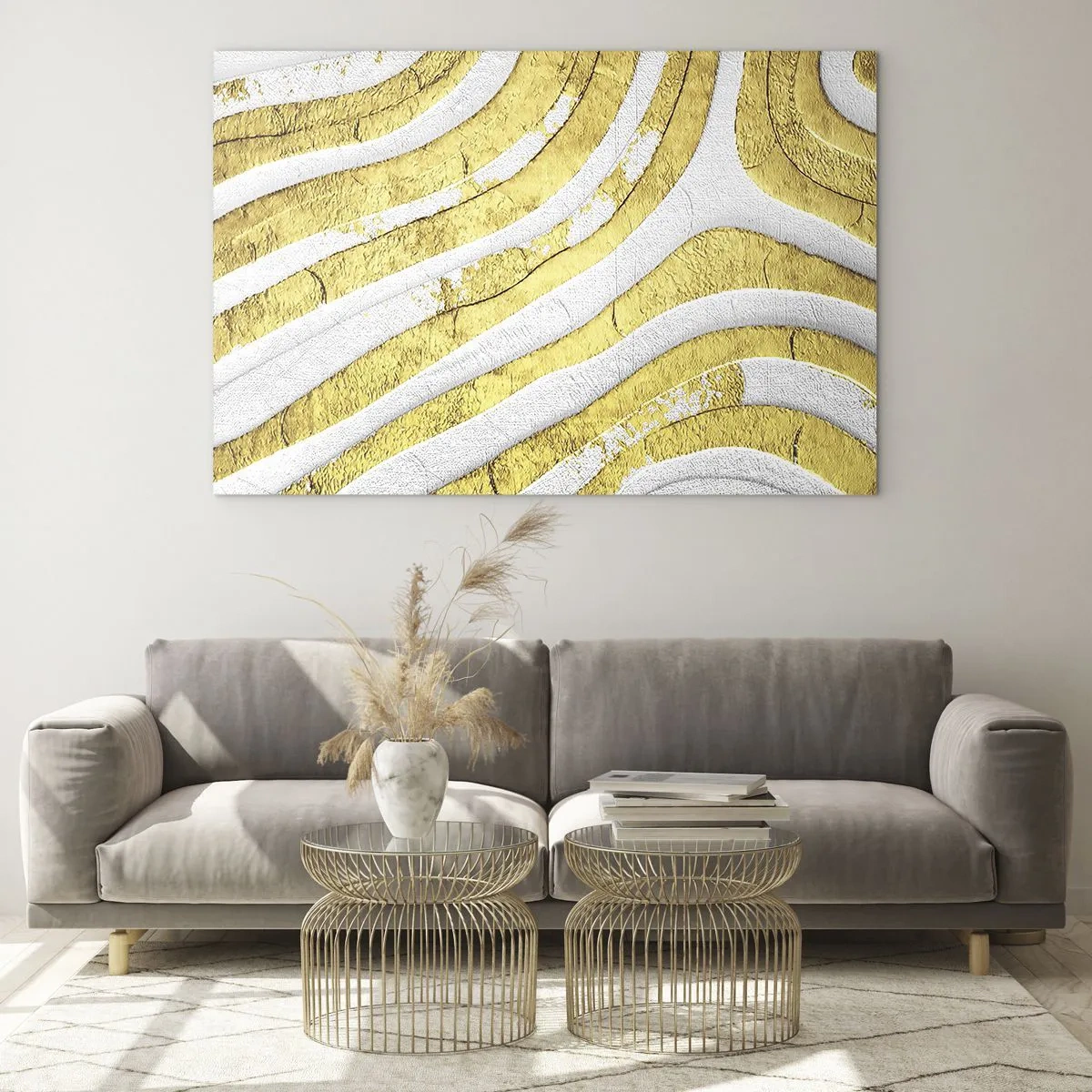 Obraz na szkle - Abstrakcyjne złote i białe fale o teksturalnym efekcie - 70x50cm - Kompozycja w bieli i złocie - Nowoczesna dekoracja ścienna do salonu i sypialni ARTTOR