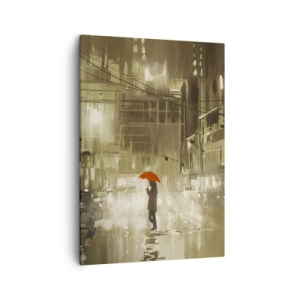 Obraz na płótnie - Postać z pomarańczowym parasolem w deszczowej miejskiej scenerii - 50x70cm - Sama, ale nie samotna - Nowoczesna dekoracja ścienna do salonu, kuchni i sypialni ARTTOR