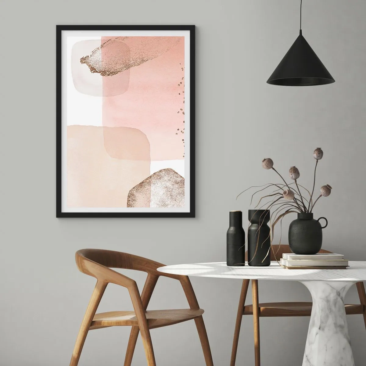 Plakat w czarnej ramie - Pastelowe kształty z delikatnym złotym akcentem - 50x70cm - Spojrzenie przez kolor - Nowoczesna dekoracja ścienna do salonu i sypialni ARTTOR