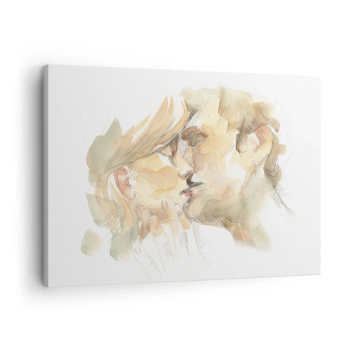 Obraz na płótnie - Romantyczny akwarelowy portret pary w pocałunku - 70x50cm - Odnaleziona połowa? - Nowoczesna dekoracja ścienna do salonu i sypialni ARTTOR