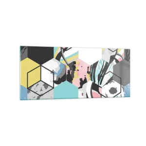Obraz na szkle - Geometryczny wzór heksagonów z kolorowymi abstrakcyjnymi detalami - 120x50cm - Sześciokąty i sześciany w sześciu barwach - Nowoczesna dekoracja ścienna do salonu i sypialni ARTTOR