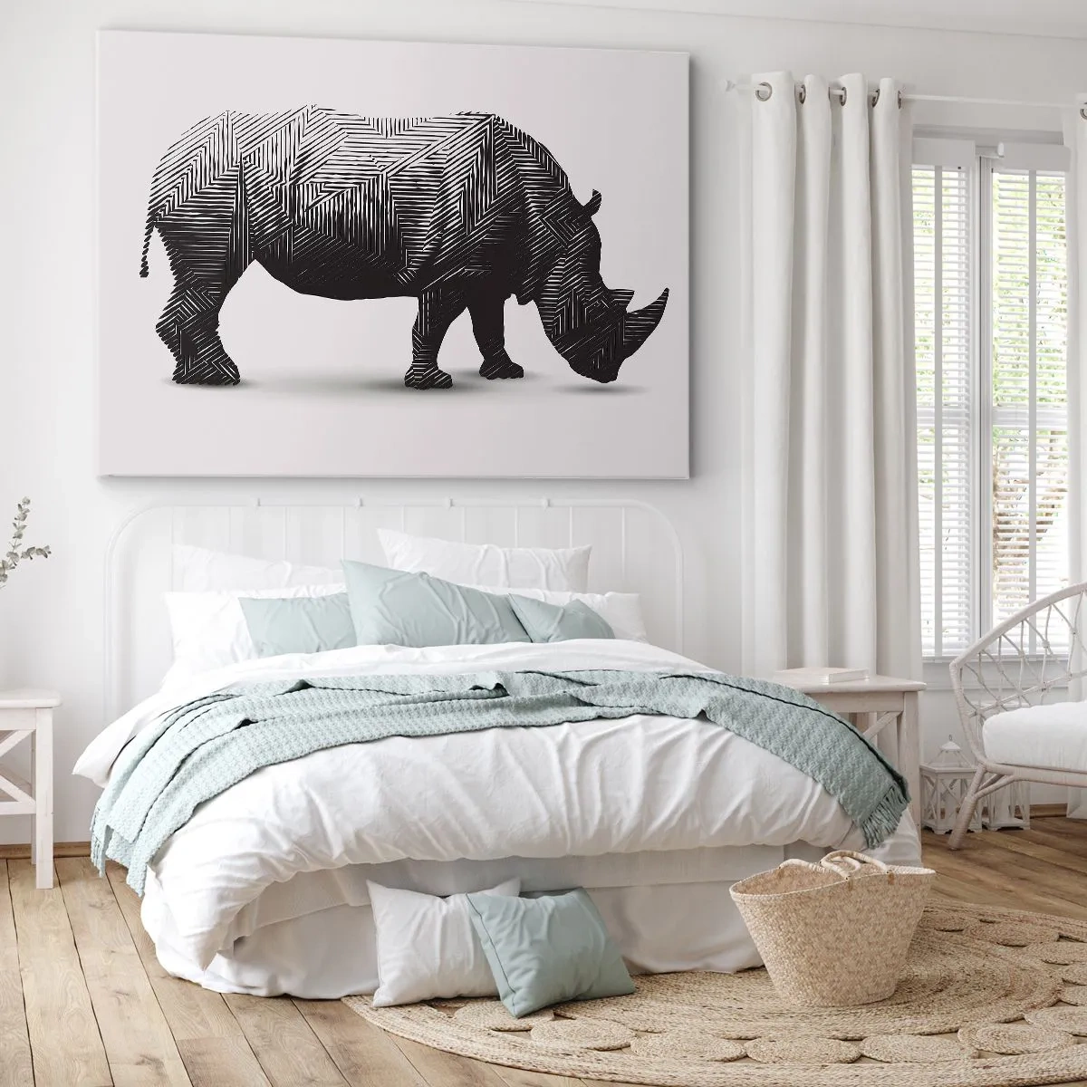 Obraz na płótnie - Graficzna sylwetka nosorożca w czarno-białym wzorze - 70x50cm - Geometryczne piękno natury - Nowoczesna dekoracja ścienna do salonu i sypialni ARTTOR