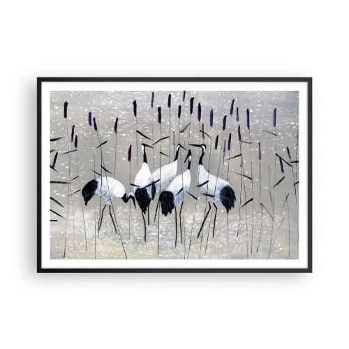 Plakat w czarnej ramie - Czaple wśród traw na spokojnym tle - 100x70cm - Wśród swoich - Nowoczesna dekoracja ścienna do salonu i sypialni ARTTOR