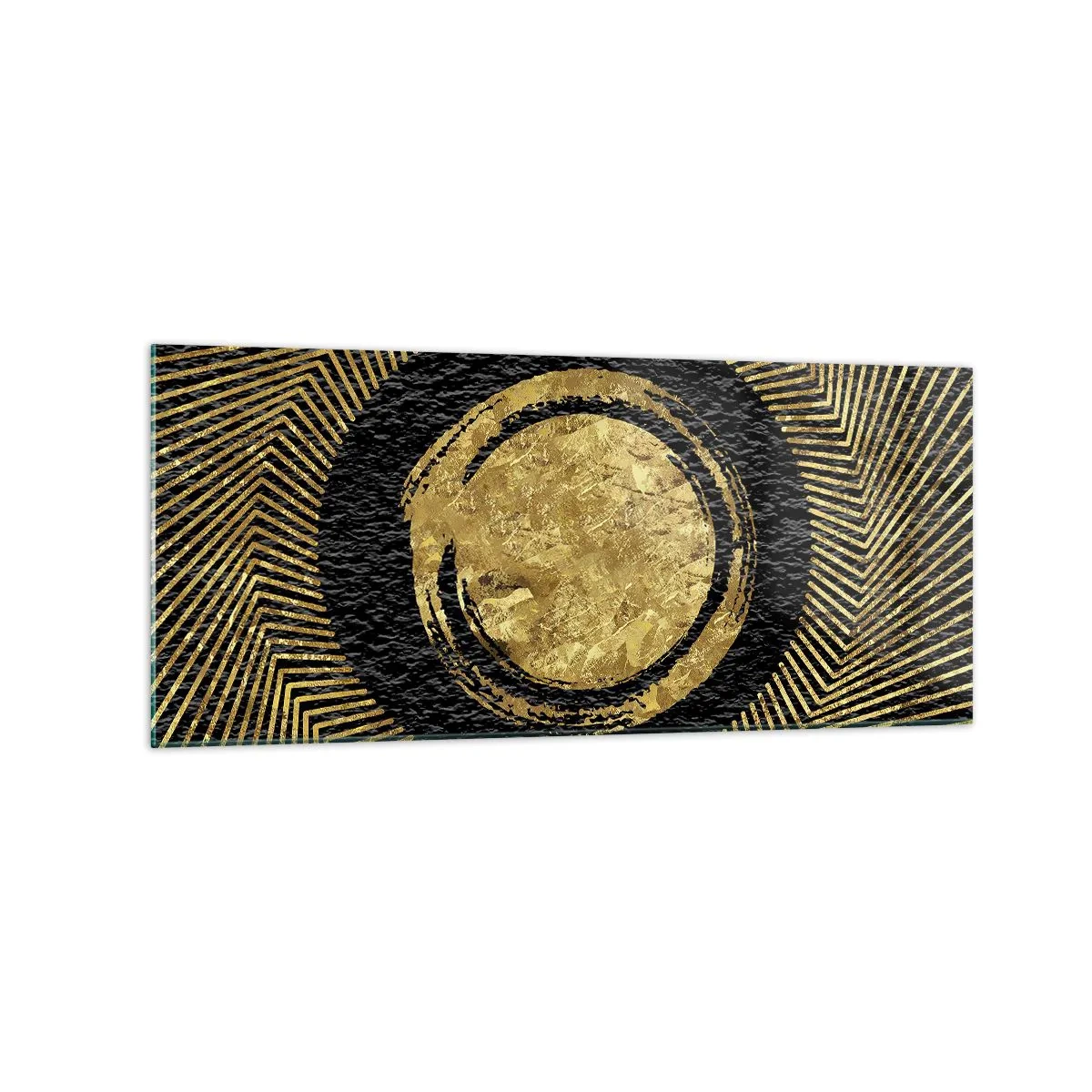 Obraz na szkle - Geometryczna kompozycja w czerni i złocie z promieniami - 120x50cm - Kompozycja glamour - Nowoczesna dekoracja ścienna do salonu i sypialni ARTTOR