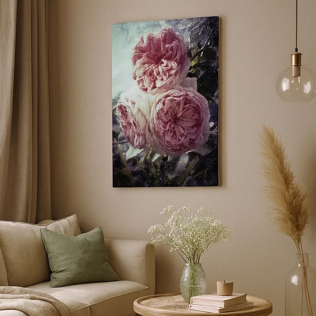 Obraz na płótnie - Delikatne różowe róże w stylu vintage na ciemnym tle - 50x70cm - W romantycznym klimacie - Nowoczesna dekoracja ścienna do salonu, kuchni i sypialni ARTTOR