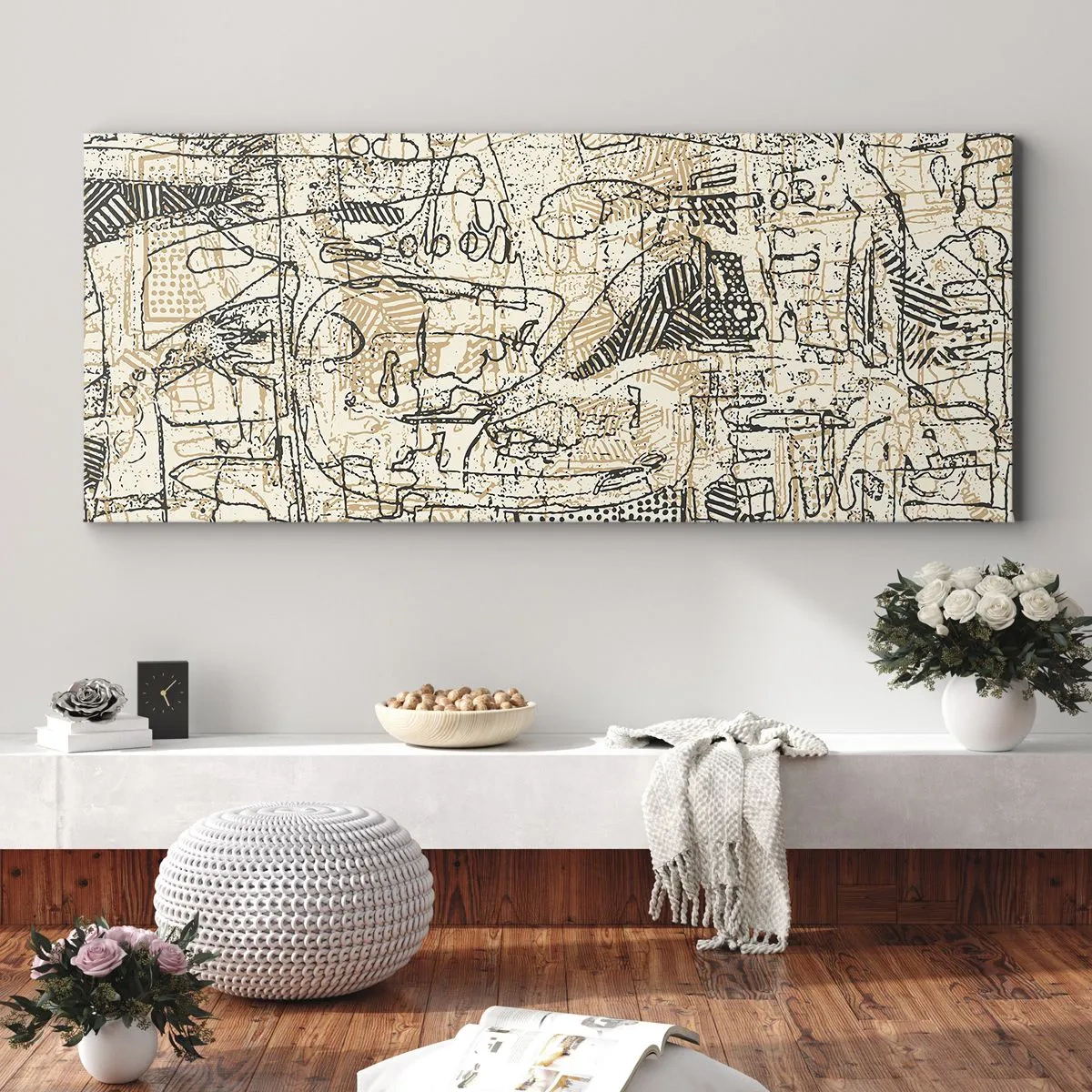 Obraz na płótnie - Abstrakcyjne wzory i linie na beżowym tle - 160x50cm - Czeka na rozszyfrowanie - Nowoczesna dekoracja ścienna do salonu i sypialni ARTTOR