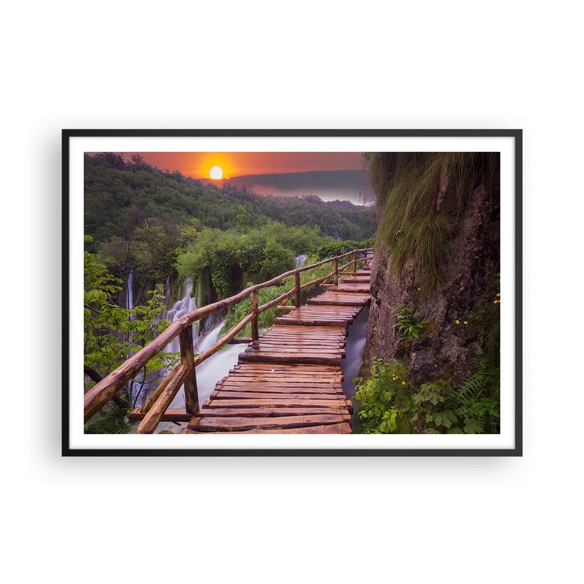 Plakat w czarnej ramie - Mostek z widokiem na wodospady o zachodzie słońca - 100x70cm - Piękno nie do uwierzenia - Nowoczesna dekoracja ścienna do salonu i sypialni ARTTOR