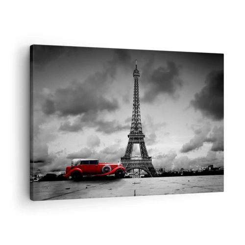 Obraz na płótnie - Czerwony retro samochód przed Wieżą Eiffla w czerni i bieli - 70x50cm - Nie tak dawno w Paryżu - Nowoczesna dekoracja ścienna do salonu i sypialni ARTTOR