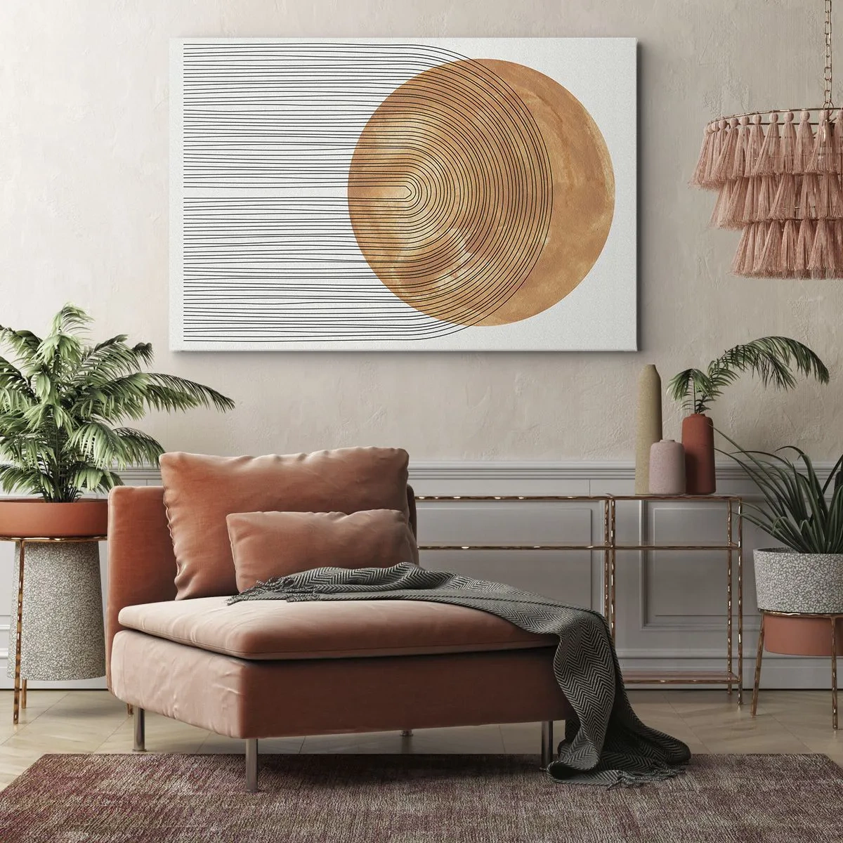 Obraz na płótnie - Geometryczna kompozycja z okręgiem i liniami w ciepłych barwach - 100x70cm - Kompozycja słoneczna - Nowoczesna dekoracja ścienna do salonu, kuchni i sypialni ARTTOR