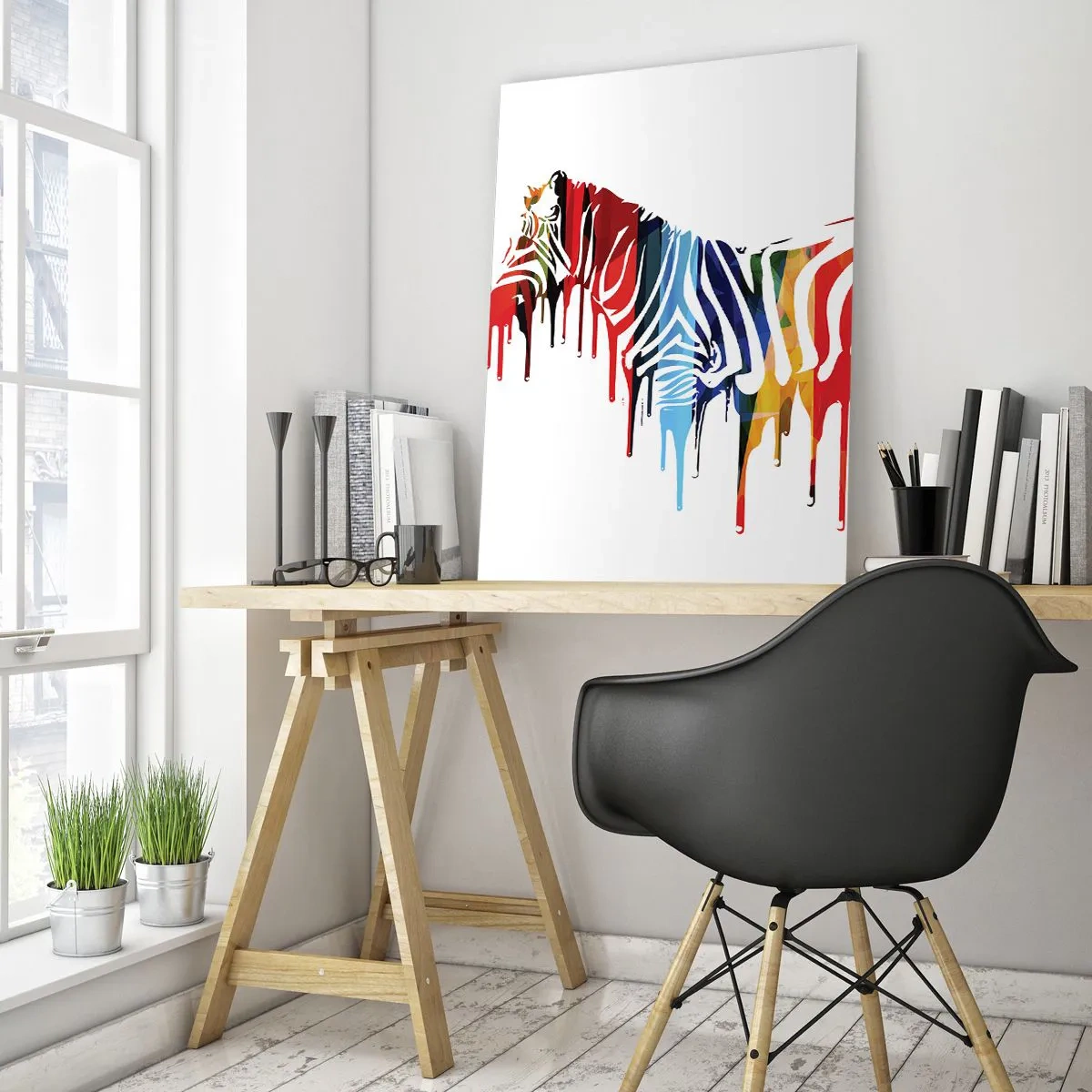 Obraz na szkle - Abstrakcyjna zebra w kolorowych barwach z efektem farby - 70x100cm - Nie tylko czarno-biały - Nowoczesna dekoracja ścienna do salonu i sypialni ARTTOR