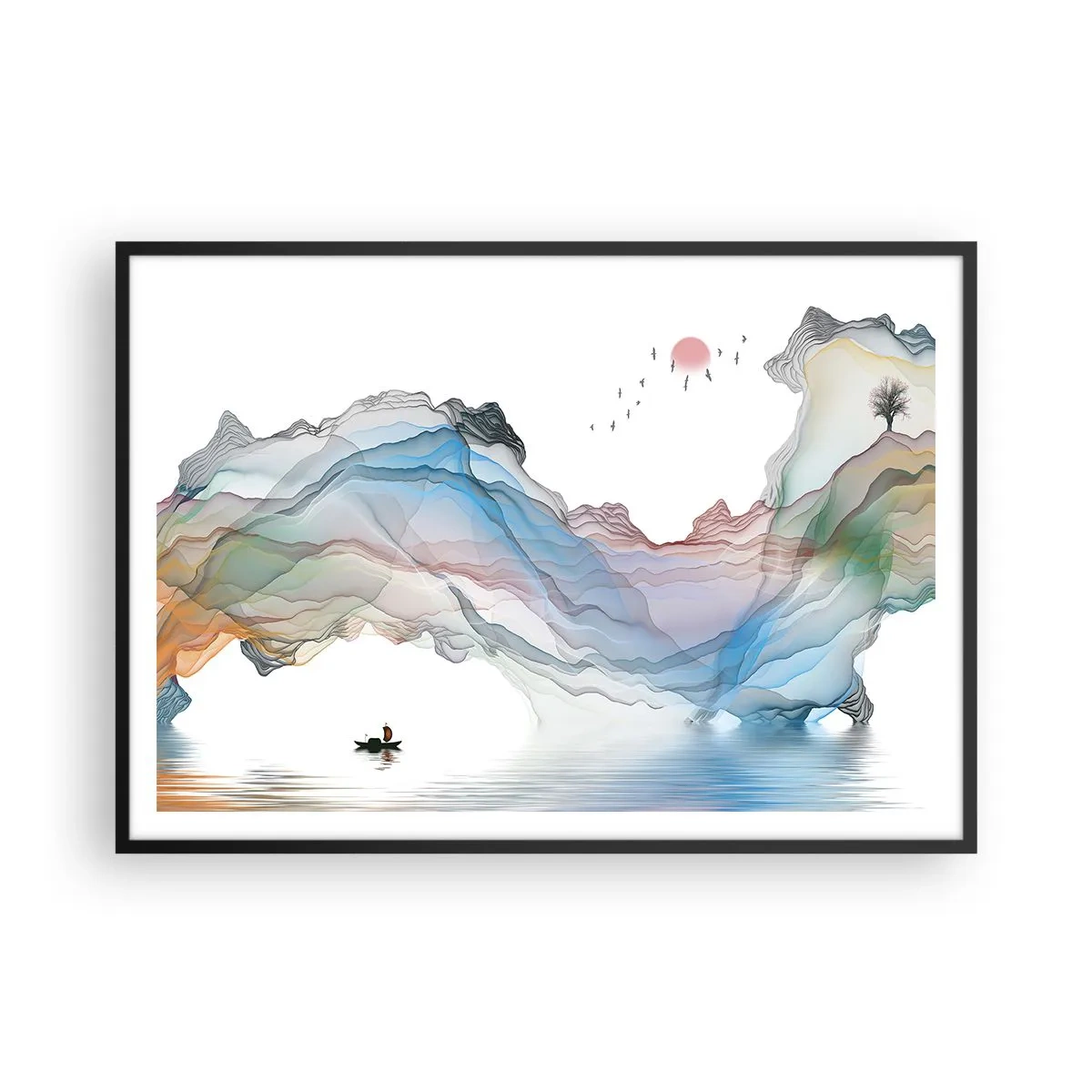 Plakat w czarnej ramie - Subtelny krajobraz z górami, wodą i łódką - 100x70cm - Ku kryształowym górom - Nowoczesna dekoracja ścienna do salonu i sypialni ARTTOR