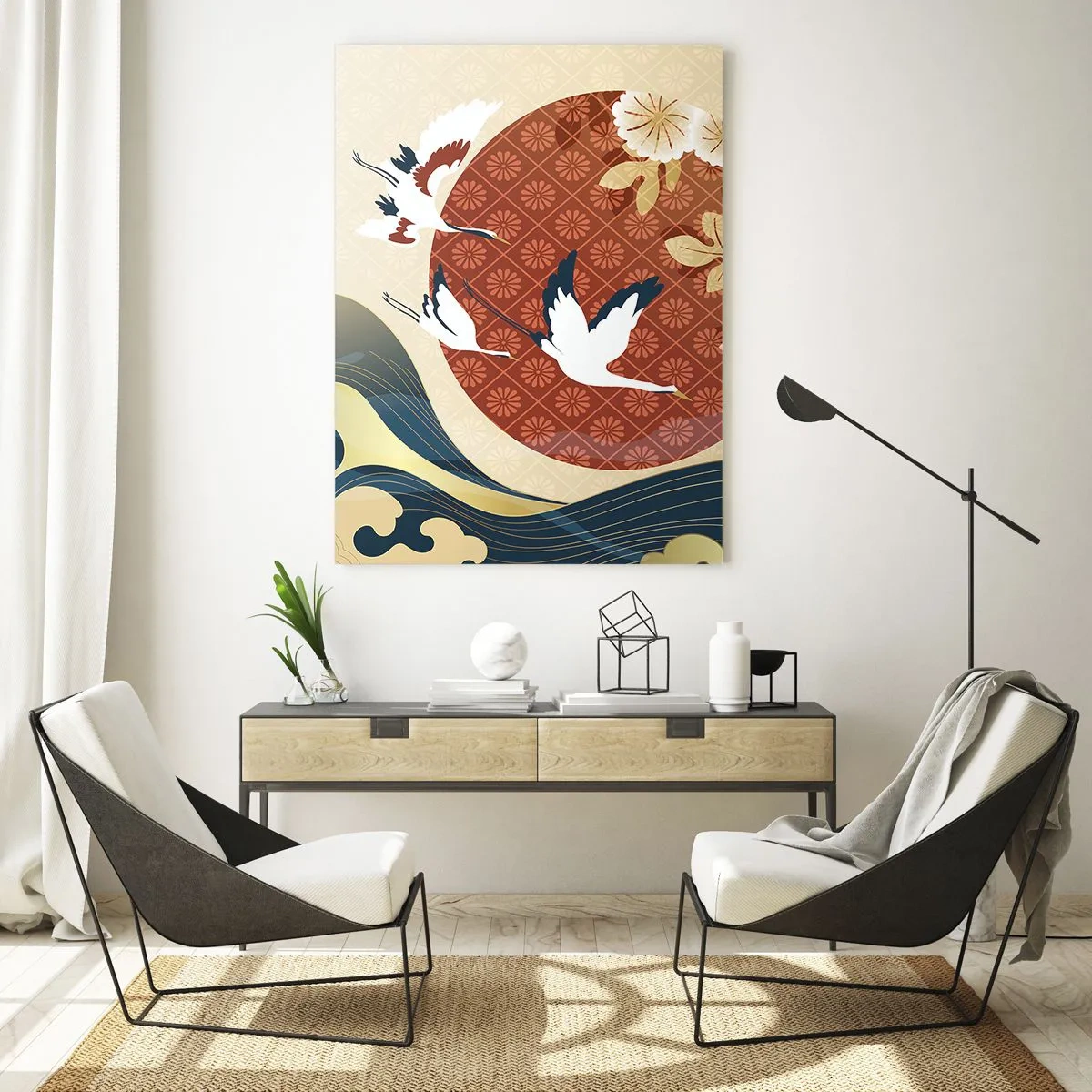Obraz na szkle - Japońskie żurawie nad falami na tle czerwonego koła - 50x70cm - Japońska baśń - Nowoczesna dekoracja ścienna do salonu, kuchni i sypialni ARTTOR