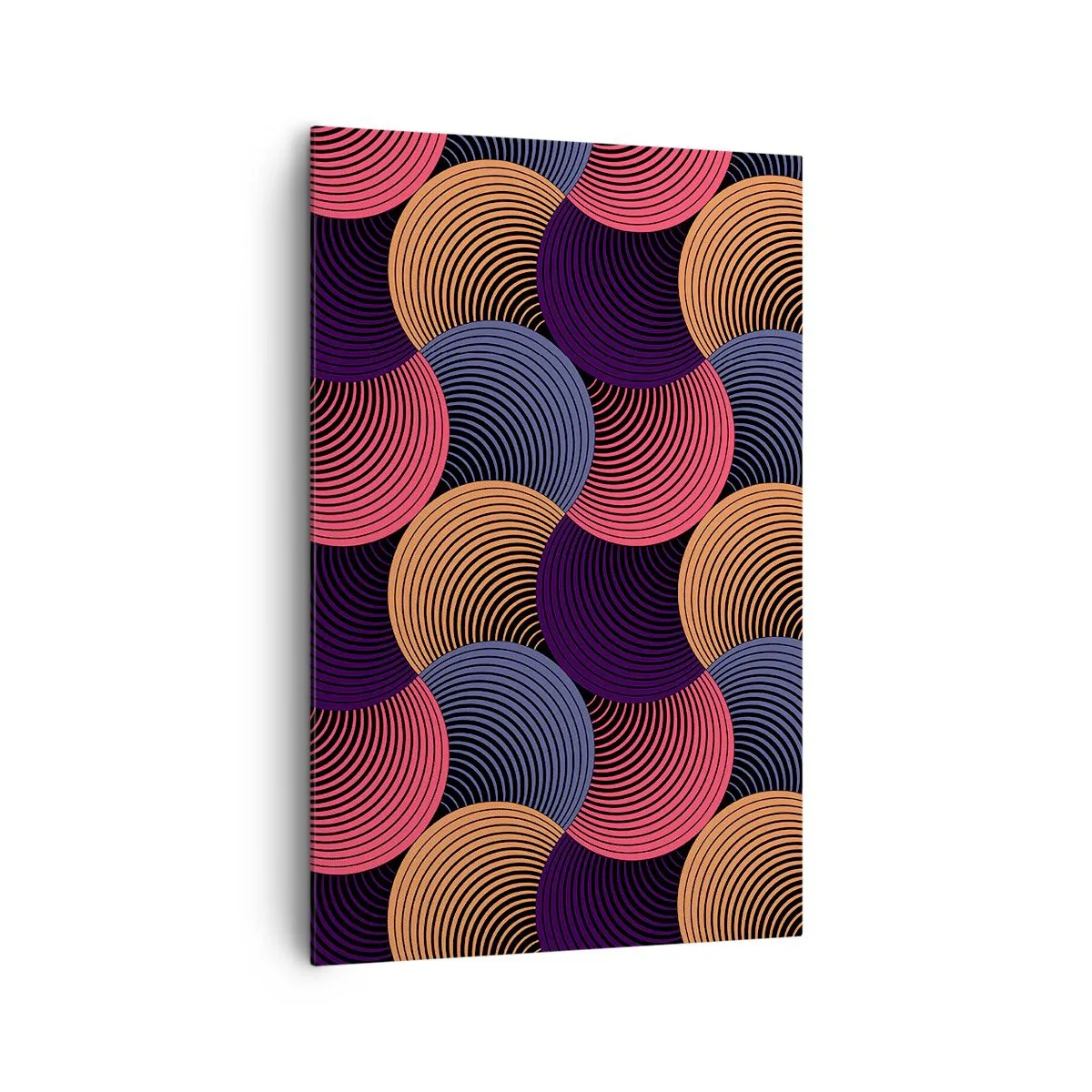 Obraz na płótnie - Geometryczne kręgi w odcieniach różu, fioletu i złota - 80x120cm - W kolistym rytmie - Nowoczesna dekoracja ścienna do salonu i sypialni ARTTOR