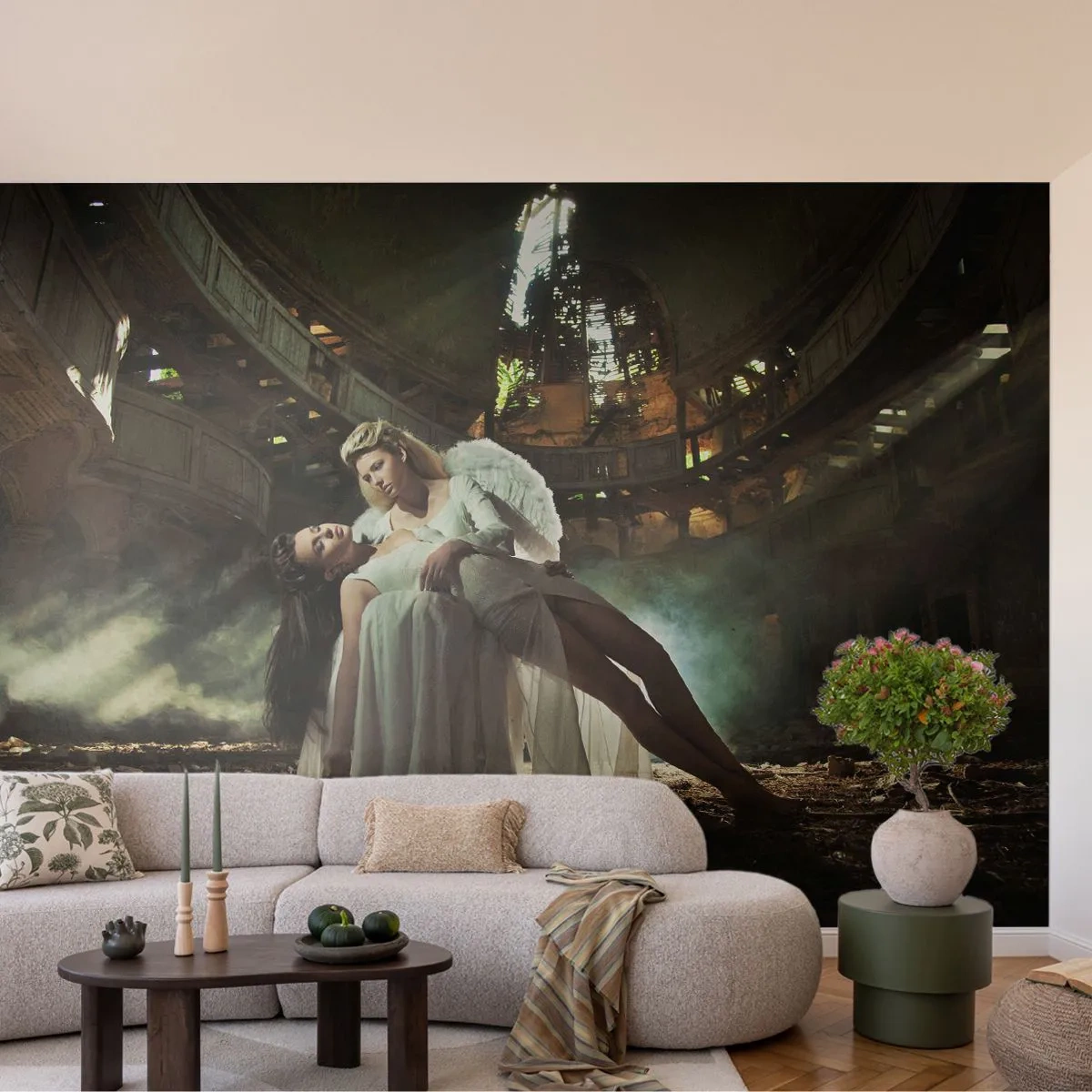 Fototapeta Premium Canvas - Dwie postacie w ruinach z grą światła - 100x70cm - Duch starego teatru - Nowoczesna dekoracja ścienna do salonu i sypialni ARTTOR