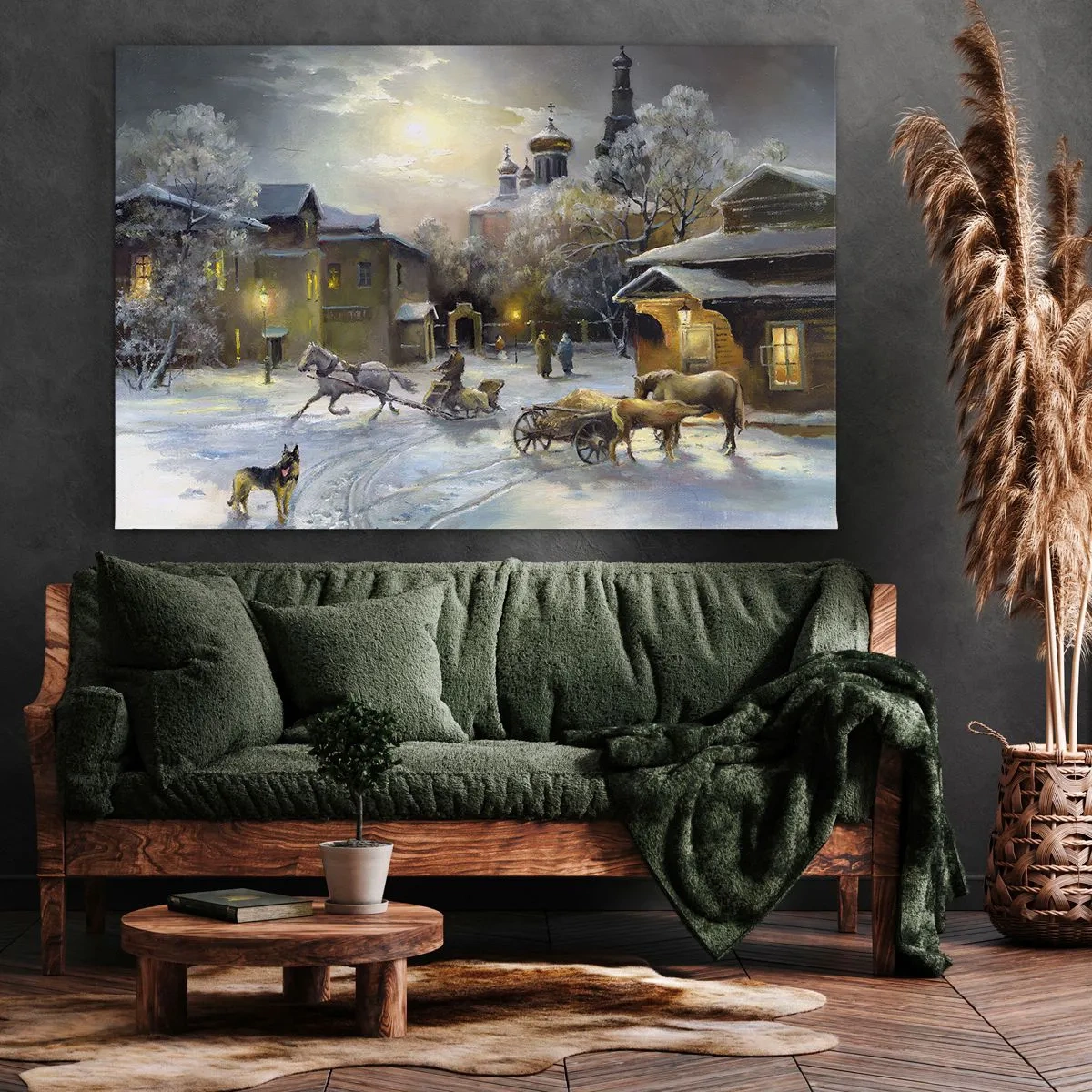 Obraz na płótnie - Zimowy krajobraz w rosyjskim miasteczku z saniami i kościołem - 70x50cm - Magia rosyjskiej zimy - Nowoczesna dekoracja ścienna do salonu i sypialni ARTTOR