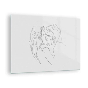 Obraz na szkle - Minimalistyczny rysunek pary w romantycznym pocałunku - 70x50cm - Tą samą kreską - Nowoczesna dekoracja ścienna do salonu i sypialni ARTTOR