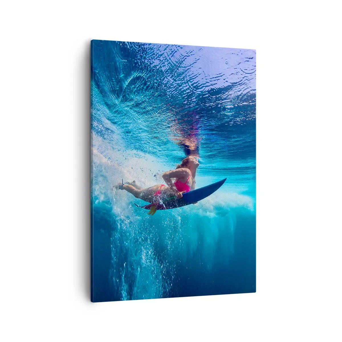 Obraz na płótnie - Surferka pod wodą z deską na tle turkusowego oceanu - 50x70cm - Głębia radości - Nowoczesna dekoracja ścienna do salonu, kuchni i sypialni ARTTOR