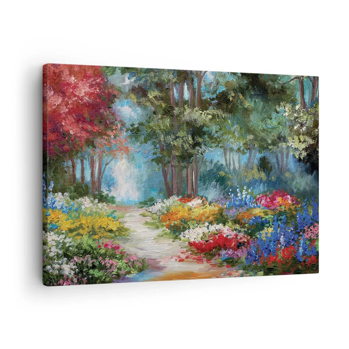 Obraz na płótnie - Malowniczy ogród pełen kolorowych kwiatów i drzew w leśnej scenerii - 70x50cm - Leśny ogród, kwietny las - Nowoczesna dekoracja ścienna do salonu i sypialni ARTTOR