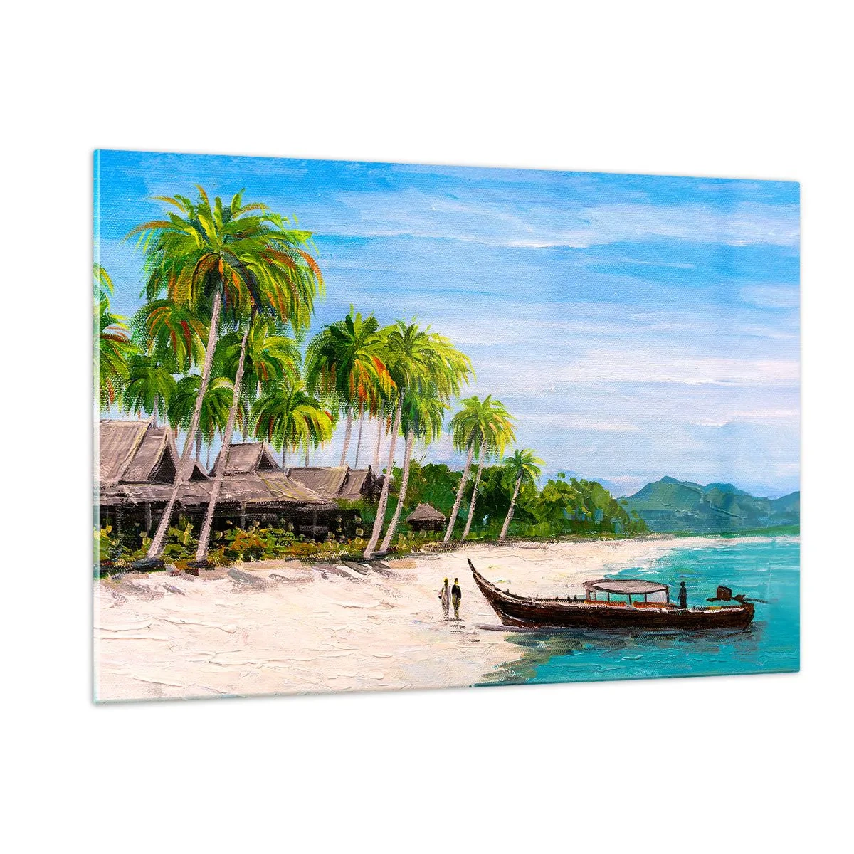 Obraz na szkle - Tropikalna plaża z łodzią i palmami przy tradycyjnych chatkach - 120x80cm - Egzotyczny sen - Nowoczesna dekoracja ścienna do salonu, kuchni i sypialni ARTTOR