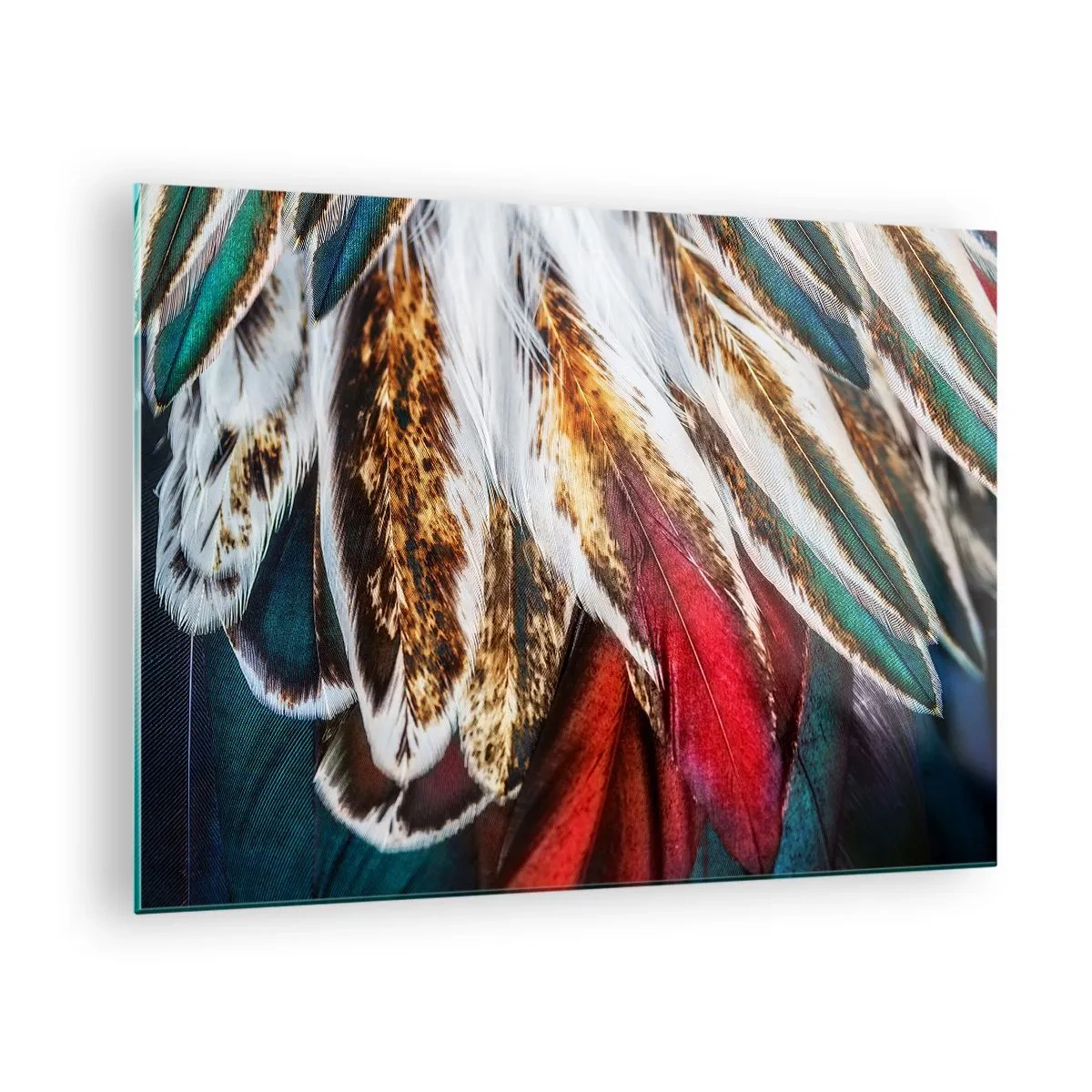 Obraz na szkle - Kolorowe pióra w bogatej palecie barw z wyraźną teksturą - 70x50cm - Tajemnice lotu - Nowoczesna dekoracja ścienna do salonu i sypialni ARTTOR