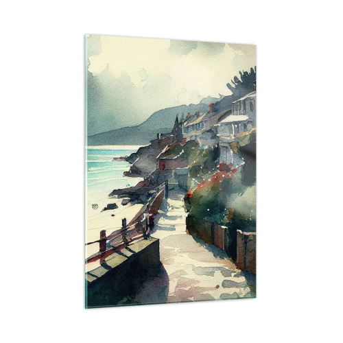 Obraz na szkle - Spacerowa alejka nadmorska przy kolorowych domach i wodzie - 50x70cm - Śródziemnomorskie miasteczko - Nowoczesna dekoracja ścienna do salonu, kuchni i sypialni ARTTOR