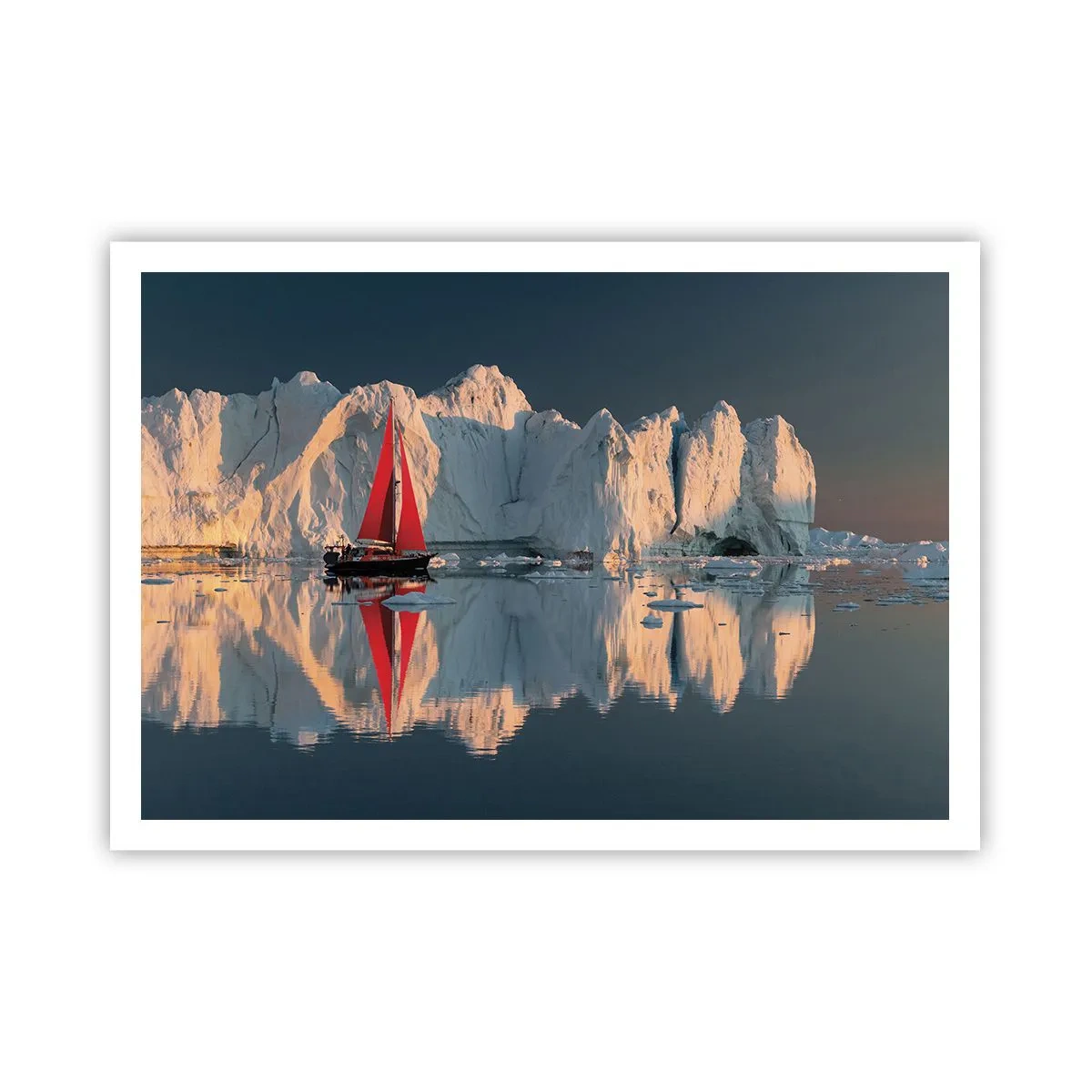 Plakat - Żaglówka z czerwonym żaglem na tle lodowca - 100x70cm - Na krańcu świata - Nowoczesna dekoracja ścienna do salonu i sypialni ARTTOR