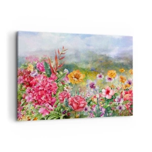 Obraz na płótnie - Barwna kompozycja kwiatów na tle pejzażu w pastelowych kolorach - 100x70cm - Ogród, który oszalał - Nowoczesna dekoracja ścienna do salonu, kuchni i sypialni ARTTOR