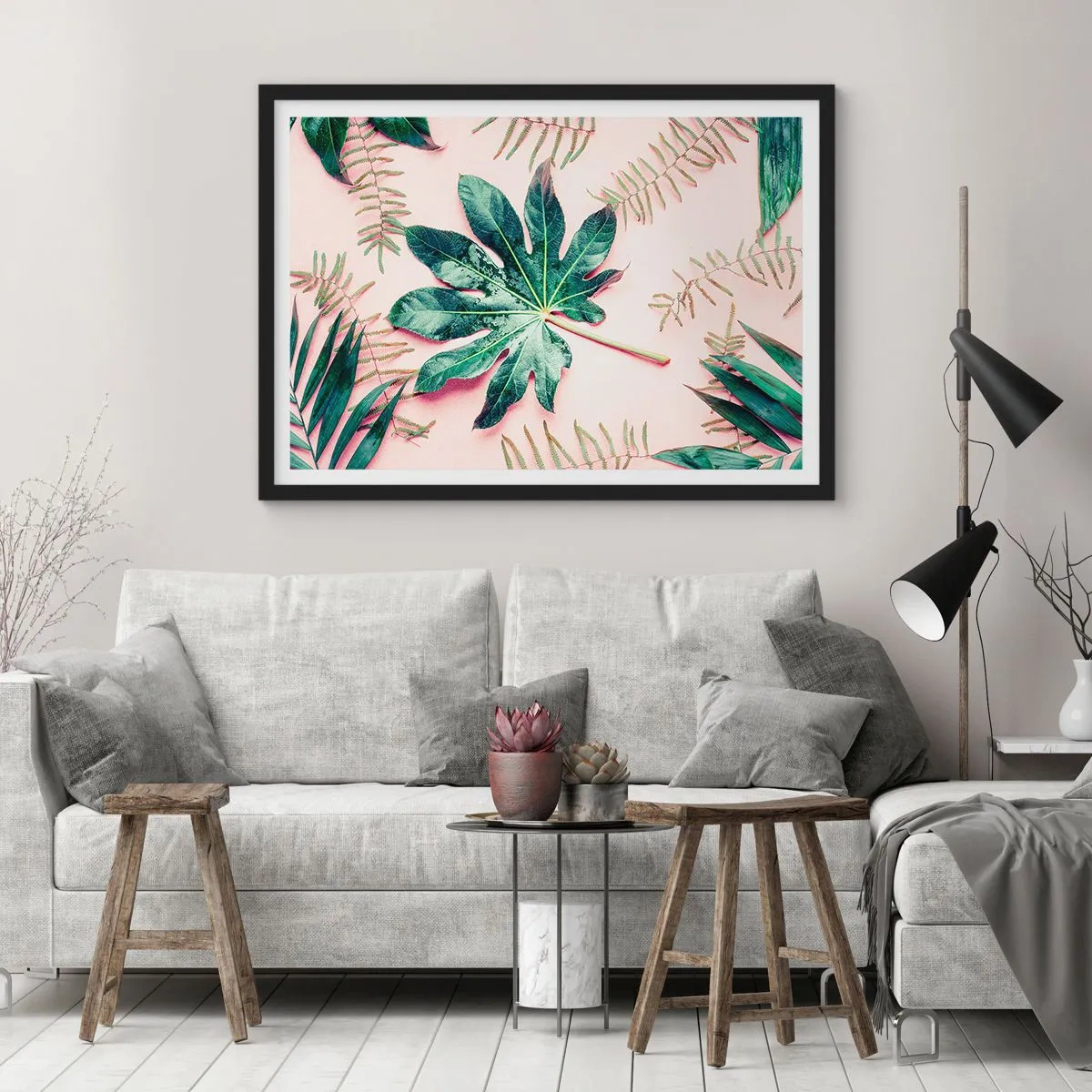 Plakat w czarnej ramie - Tropikalne liście na jasnym pastelowym tle - 100x70cm - Studium zieleni na różowym tle - Nowoczesna dekoracja ścienna do salonu i sypialni ARTTOR