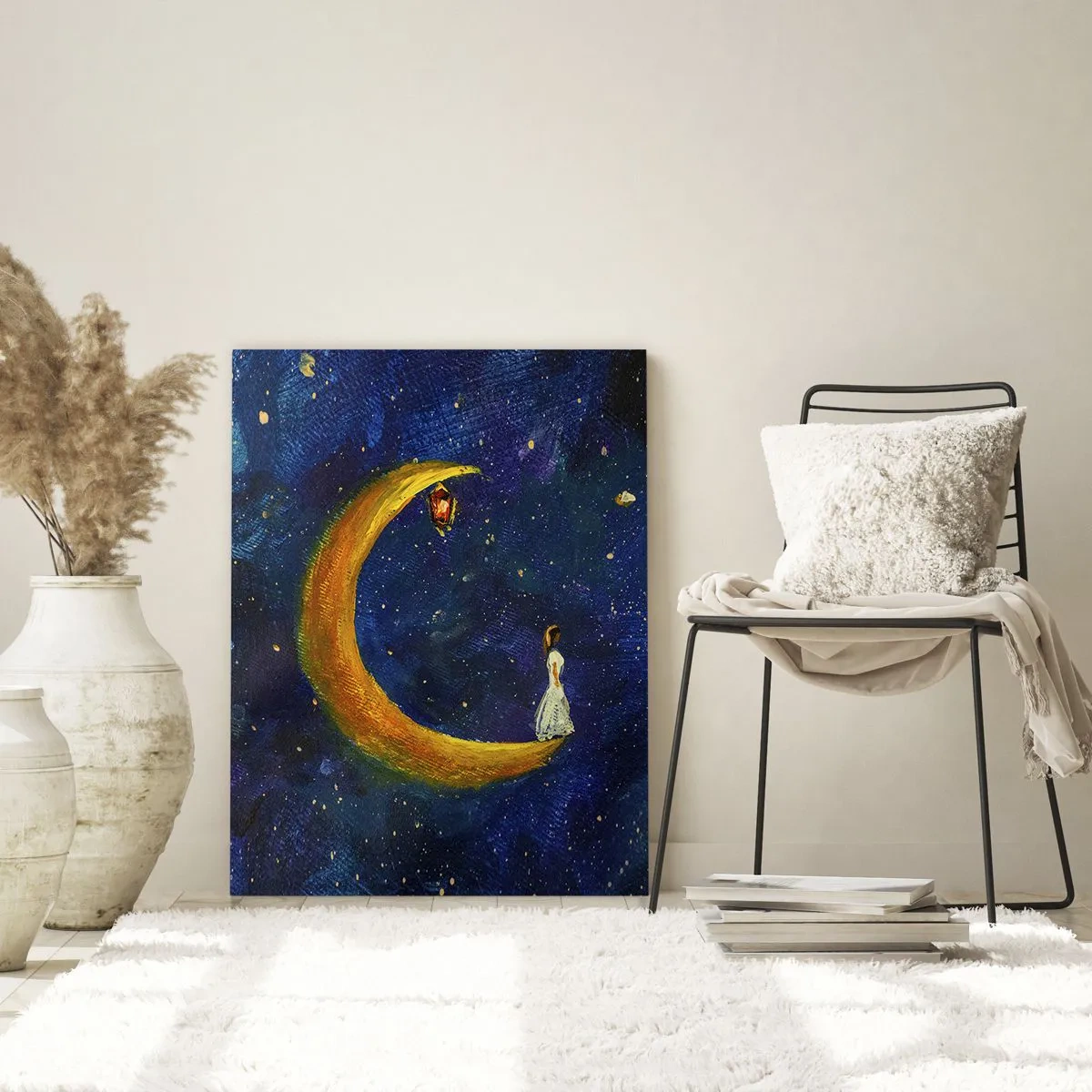 Obraz na szkle - Postać na księżycu w nocnym niebie - 50x70cm - Wołanie świata - Nowoczesna dekoracja ścienna do salonu, kuchni i sypialni ARTTOR