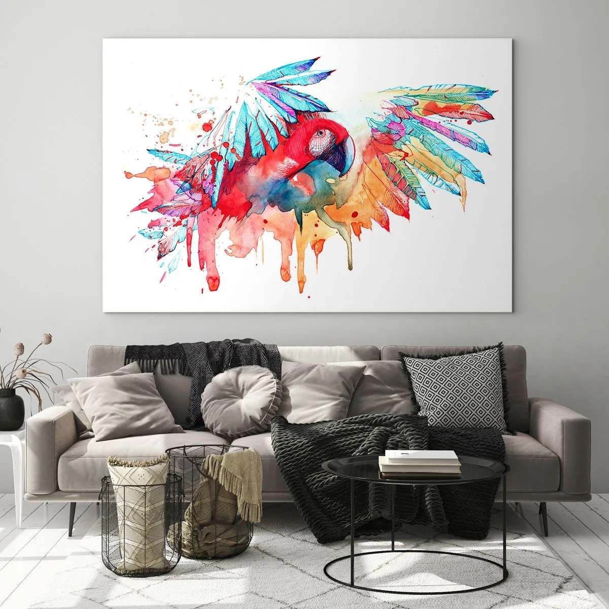 Obraz na szkle - Kolorowa papuga w stylu akwareli z rozpostartymi skrzydłami - 100x70cm - Kolorowe Papugi - Nowoczesna dekoracja ścienna do salonu, kuchni i sypialni ARTTOR
