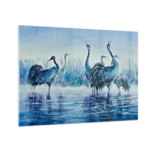 Obraz na szkle - Ptaki brodzące w wodzie w błękitnej tonacji - 70x50cm - Poranne spotkanie - Nowoczesna dekoracja ścienna do salonu i sypialni ARTTOR