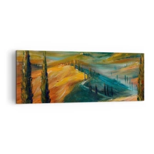 Obraz na płótnie - Toskański krajobraz z polami, drogą i cyprysami - 140x50cm - Toskański pejzaż - Nowoczesna dekoracja ścienna do salonu i sypialni ARTTOR