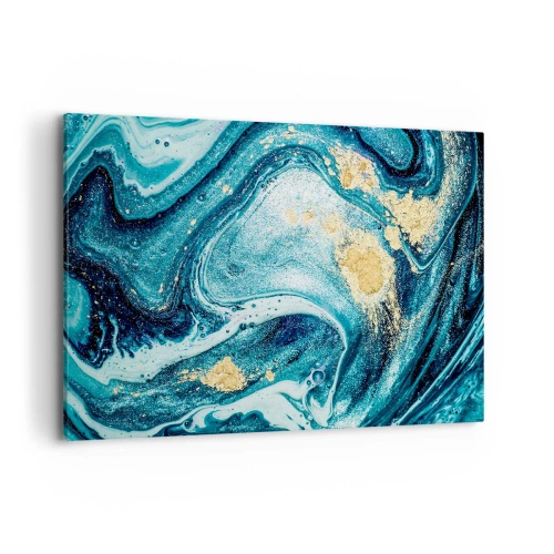 Obraz na płótnie - Abstrakcyjna kompozycja fal i złotych akcentów - 100x70cm - Błekitny wir - Nowoczesna dekoracja ścienna do salonu, kuchni i sypialni ARTTOR