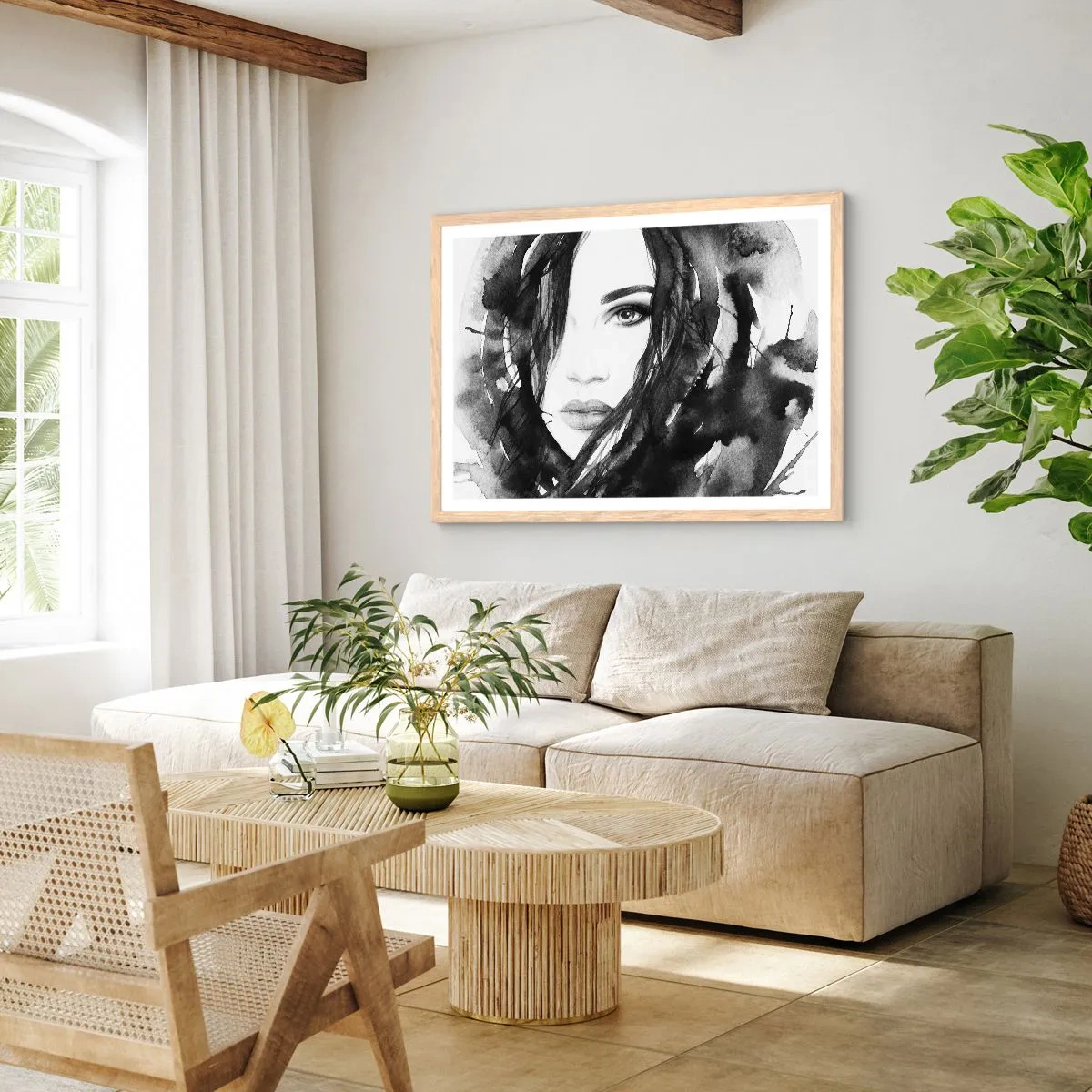 Plakat w ramie jasny dąb - Portret damy w czerni i bieli - 40x30 cm