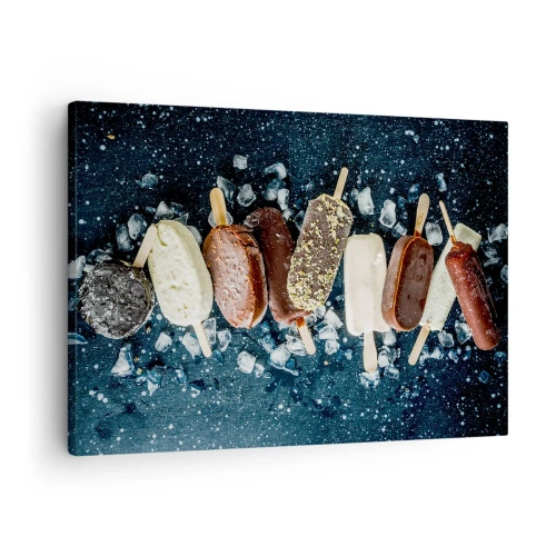 Obraz na płótnie - Kolorowe lody na patyku ułożone na lodzie z ciemnym tłem - 70x50cm - Smak gorącego lata - Nowoczesna dekoracja ścienna do salonu i sypialni ARTTOR