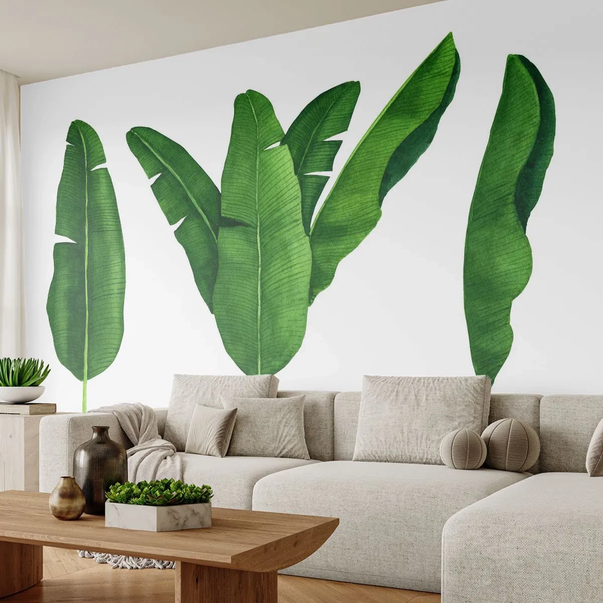 Fototapeta Premium Sand - Zielona symetria - Liść Bananowca, Tropikalny, Styl Botaniczny - 100x70 cm