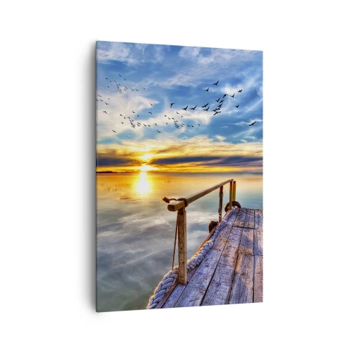 Obraz na płótnie - Drewniany pomost nad jeziorem o zachodzie słońca - 70x100cm - Wiatr idzie na spoczynek - Nowoczesna dekoracja ścienna do salonu i sypialni ARTTOR