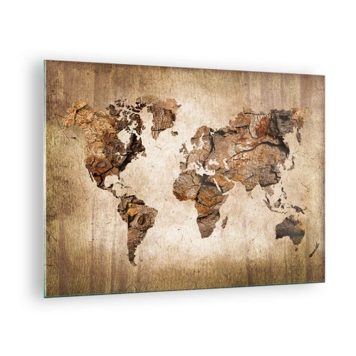 Obraz na szkle - Mapa świata w brązowych odcieniach imitująca drewno - 70x50cm - Odkrycie świata - Nowoczesna dekoracja ścienna do salonu i sypialni ARTTOR