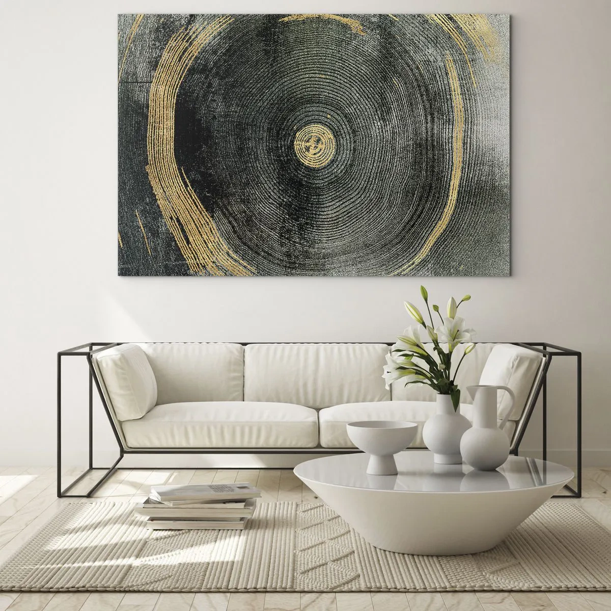 Obraz na szkle - Przekrój pnia drzewa z detalem i złotymi akcentami - 100x70cm - Zmiana i trwanie - Nowoczesna dekoracja ścienna do salonu, kuchni i sypialni ARTTOR