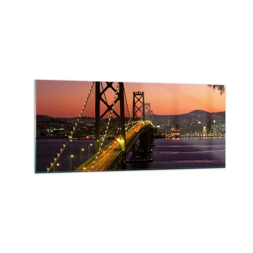 Obraz na szkle - Most podświetlony nocą nad wodą z panoramą miasta - 120x50cm - Wieczór we fiolecie - Nowoczesna dekoracja ścienna do salonu i sypialni ARTTOR