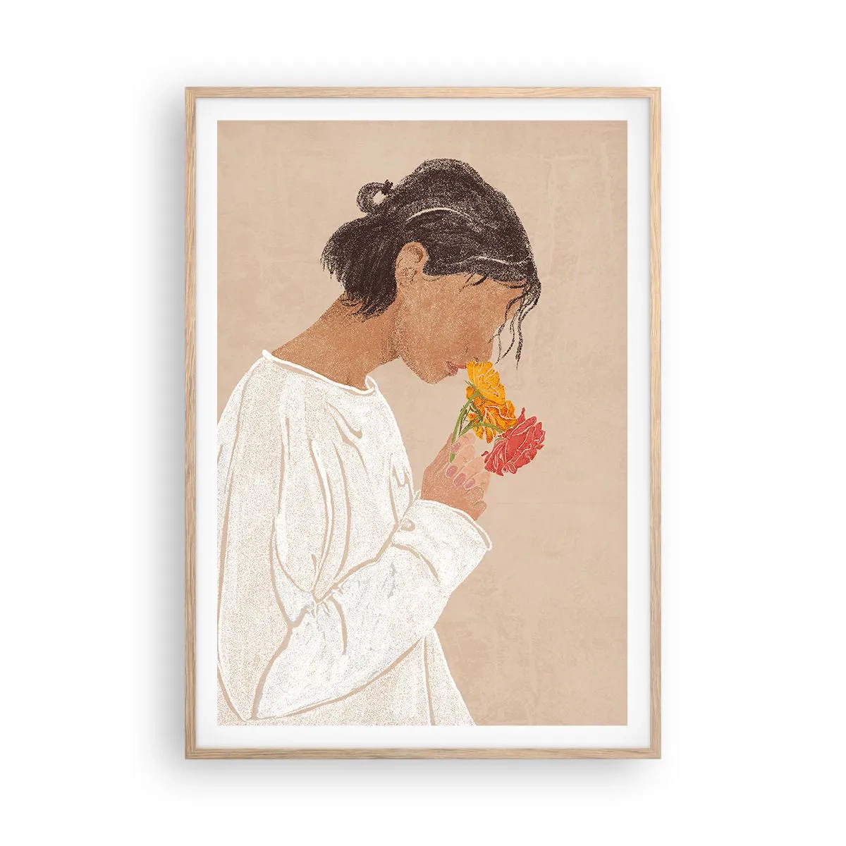 Plakat w ramie jasny dąb - Dziewczyna i kwiaty - 70x100 cm