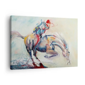 Obraz na płótnie - Dynamiczny obraz konia w abstrakcyjnym stylu artystycznym - 70x50cm - Trzymaj się, lecimy - Nowoczesna dekoracja ścienna do salonu i sypialni ARTTOR